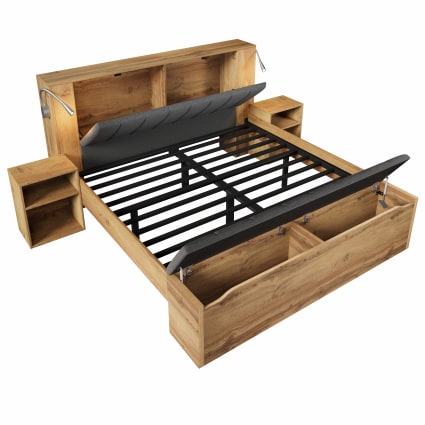 Bett-Set mit Klapp-Kopfteil, 2 Nachttischen und Bank, Eiche