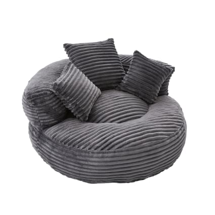 Großer runder Sessel aus Cordstoff, Lounge-Sessel mit Kissen, Grau