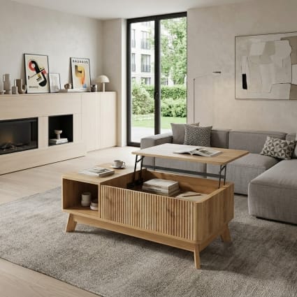 Höhenverstellbarer Couchtisch mit Wellendesign, 95x48x50 cm, Natur