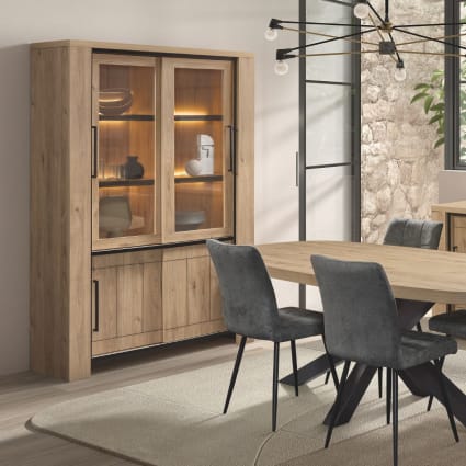Argentier 4 portes coulissantes 2 vitrées avec leds bois castel oak ...