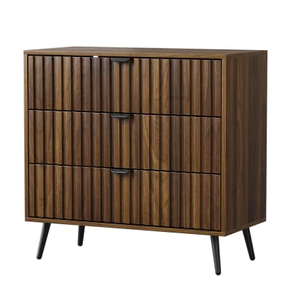 Sideboard Walnuss-Optik, Retro-Kommode, 3 Schubladen, Gold-Akzente