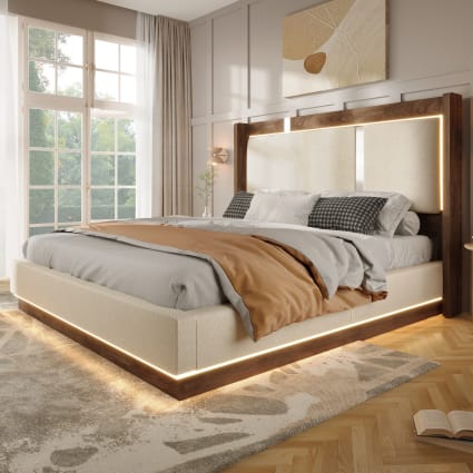 Gepolstertes Doppelbett, Beige Leinen, Walnussholz, 140x200 cm