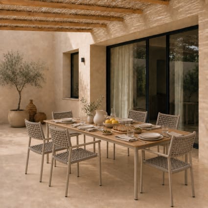8er-Set Gartenstühle aus grauem Aluminium und Seil Palo