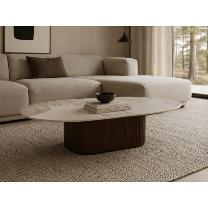 Couchtisch Urban Chique 140cm aus Keramik in Marmoroptik, beige
