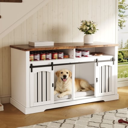 Hundekäfig-Schrank mit Schiebetüren, Weiß & Vintage-Braun