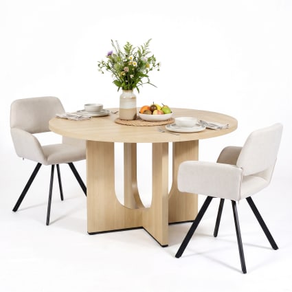 Esstisch-Set, rund 120 cm, mit 2 Stühlen, Beige & Metall