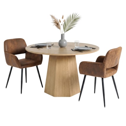 Esstisch-Set, rund 120 cm, mit 2 Stühlen in Lederoptik, Braun & Metall