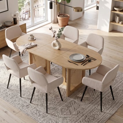 Ausziehbarer Esstisch 200 cm mit 6 Stühlen, Beige & Metall