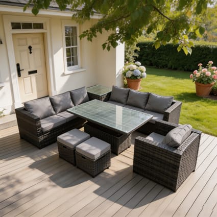 Rattan 9er Ecksofa Set Esstisch verstellbar Couchtisch Hocker