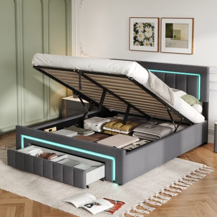 Polsterbett aus Samt grau mit LED 140x200 cm