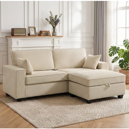 Ecksofa aus Holz und Kunststoff mit Stauraumhocker 175 cm, beige