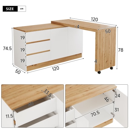 Drehbarer Klapptisch mit 3 Schubladen, 120x50x78 cm, Eiche/Weiß