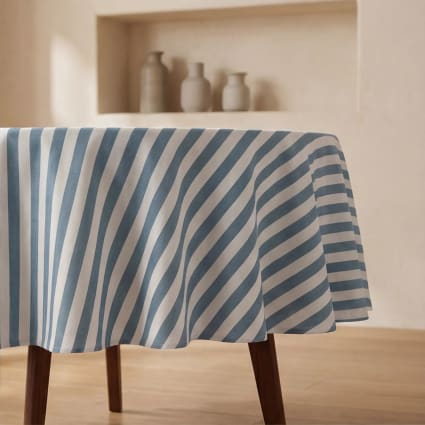 Runde fleckabweisende Tischdecke 100% Baumwolle blau und weiß 120cm Ralau
