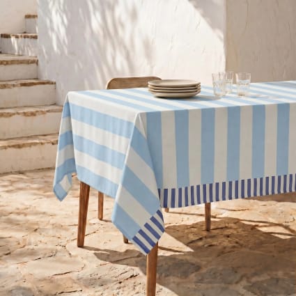 Fleckabweisende Tischdecke 100 % Baumwolle blau und weiß 100x155 cm Saba