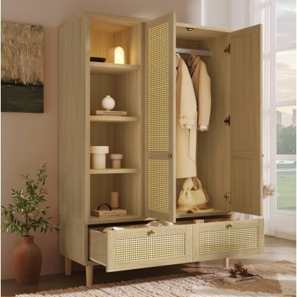 Kleiderschrank mit Rattan, 2 Türen & Schubladen 120x50x180 cm Eiche
