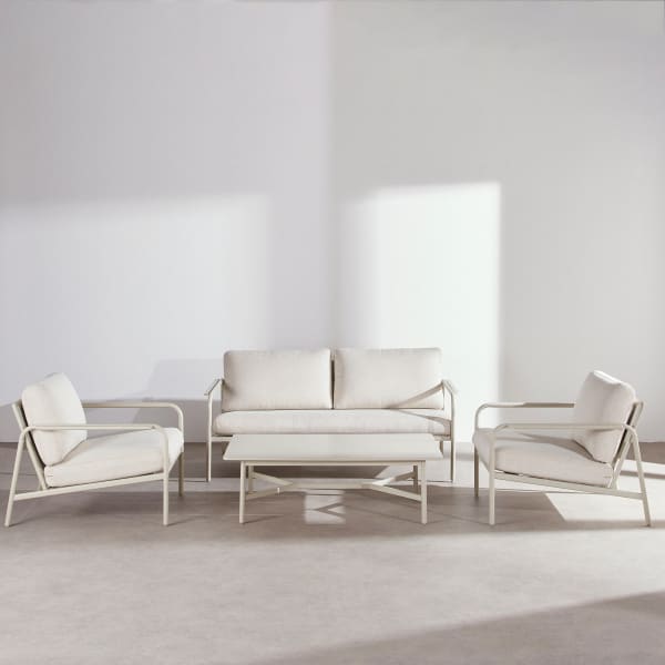 Maisons du Monde - Cyclades - Conjunto de exterior de 4 plazas de acero y cojines color arcilla
