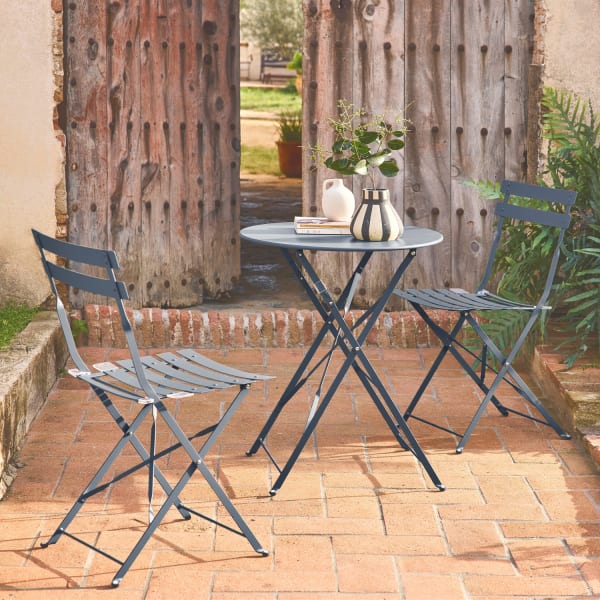 sweeek - EMILIA - Set de mesa y sillas de jardín bistro gris azul redondo plegable