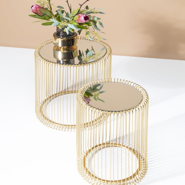 2 tables d'appoint rondes en acier doré et verre miroir-Wire cropped-2