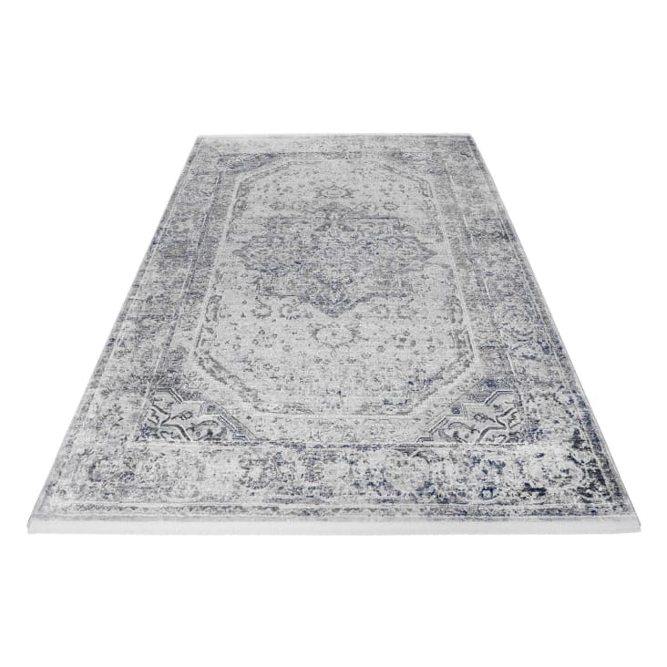 Tappeto vintage boho a pelo corto e frange grigio blu beige 230x160 SOHO