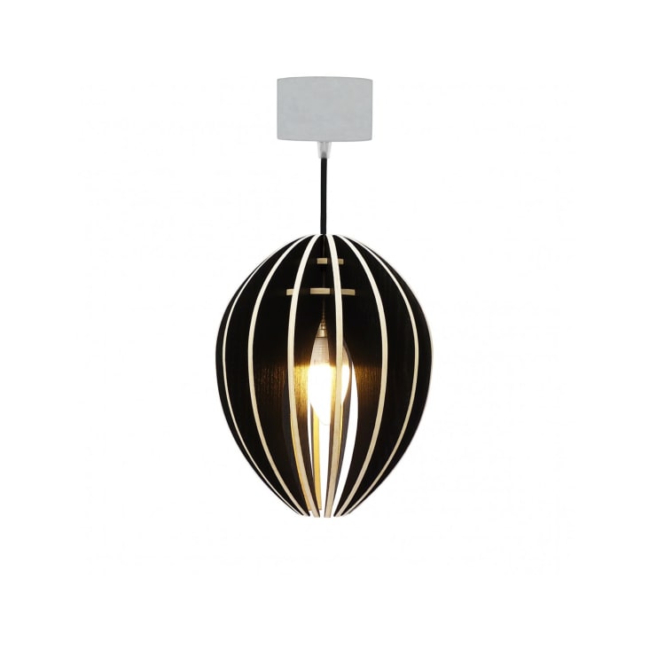 Lampe suspension bois et béton frêne teinté noir cordon noir-FÈVE