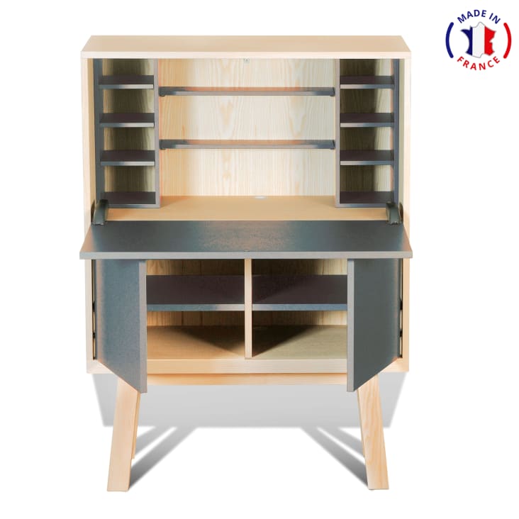 Stead Tavolino A Mezza Luna In Rattan E Legno Massello - Consolle Da Ingresso Con 2 Ante E Pomelli Ottone, Scrivania Per Piccoli Spazi, Finitura Rovere Nero - 2
