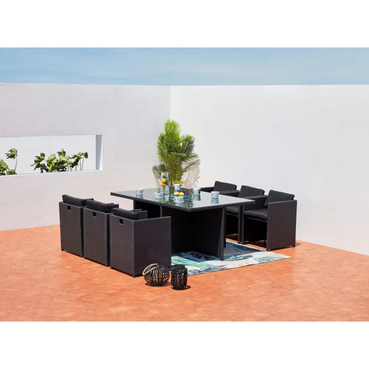 Garten bar 6 + 1 in schwarz polyrattan Tisch stühle set holz tisch