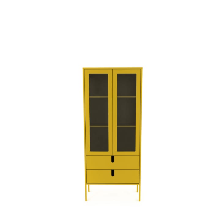Vitrine en bois 2 portes 2 tiroirs H178cm jaune moutarde-Uno
