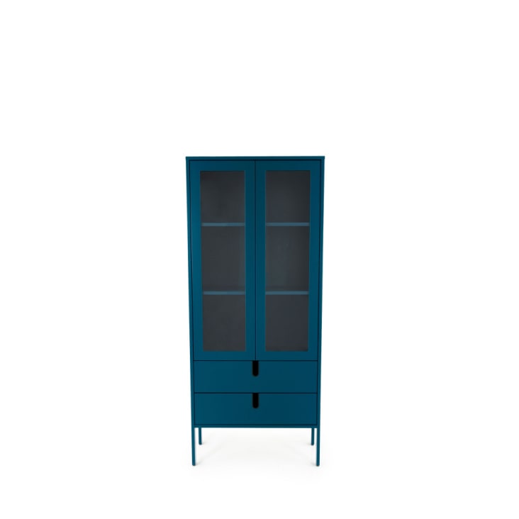Vitrine en bois 2 portes 2 tiroirs H178cm bleu canard-Uno