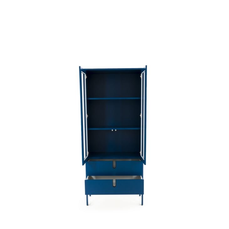 Vitrine en bois 2 portes 2 tiroirs H178cm bleu canard-Uno cropped-5
