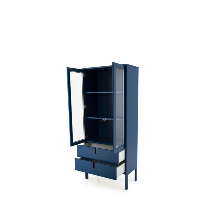 Vitrine en bois 2 portes 2 tiroirs H178cm bleu canard-Uno cropped-6