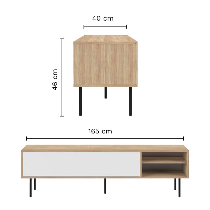 Mueble TV de Dm lacado y metal blanco mate combinado con roble natural