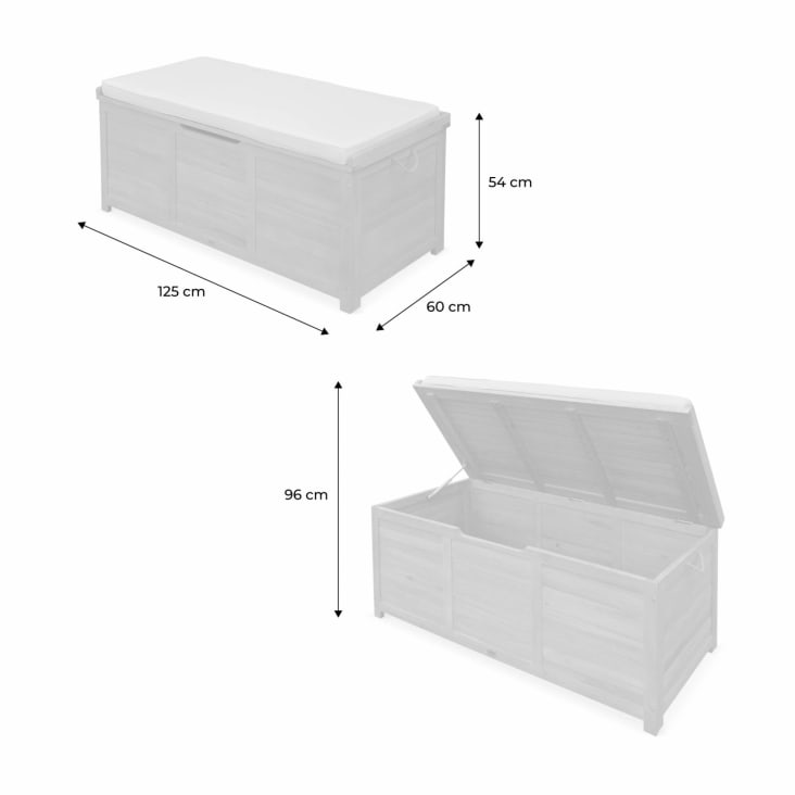 Coffre de jardin - caja gris - en bois 125x60cm rangement coussins avec  vérin et poignées - Conforama