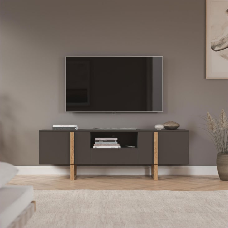 Meuble TV en bois 2 portes 1 tiroir L177cm gris foncé-Birka cropped-2