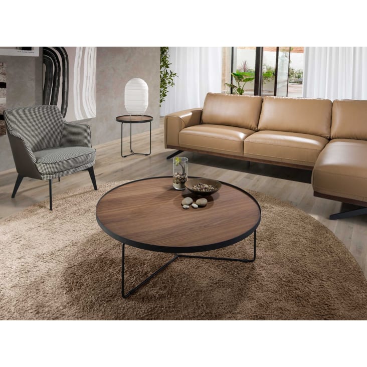 Table basse ronde effet bois noyer et acier noir | Maisons du Monde