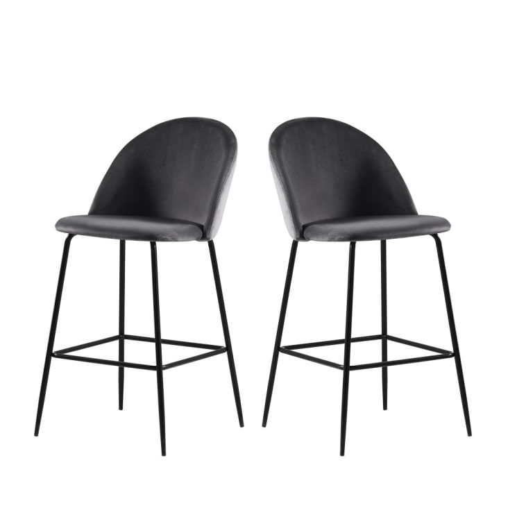 Lot de 2 fauteuils de bar 65cm en velours et pieds noirs gris-Vitikko