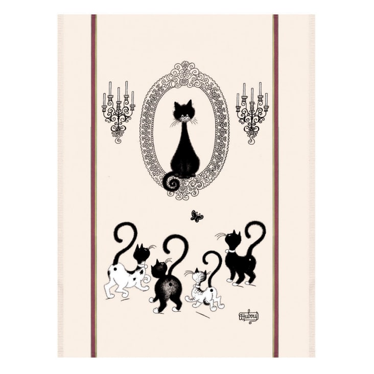 Grand torchon  portrait de chat en coton ecru 60 x 80-Dubout