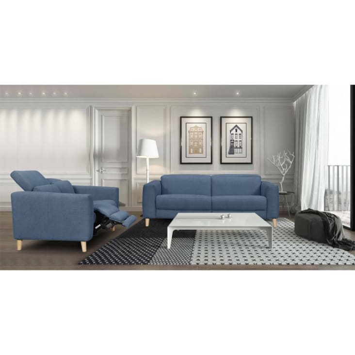 Canapé relaxation motorisé 2.5 places en tissu bleu pieds bois-Polo cropped-2