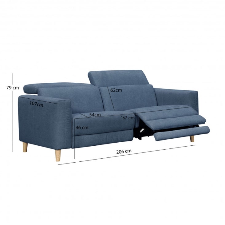 Canapé relaxation motorisé 2.5 places en tissu bleu pieds bois-Polo cropped-4