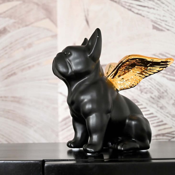 Deko Hund aus schwarzem Steingut mit goldenen Flügeln SITTING ANGEL DOG