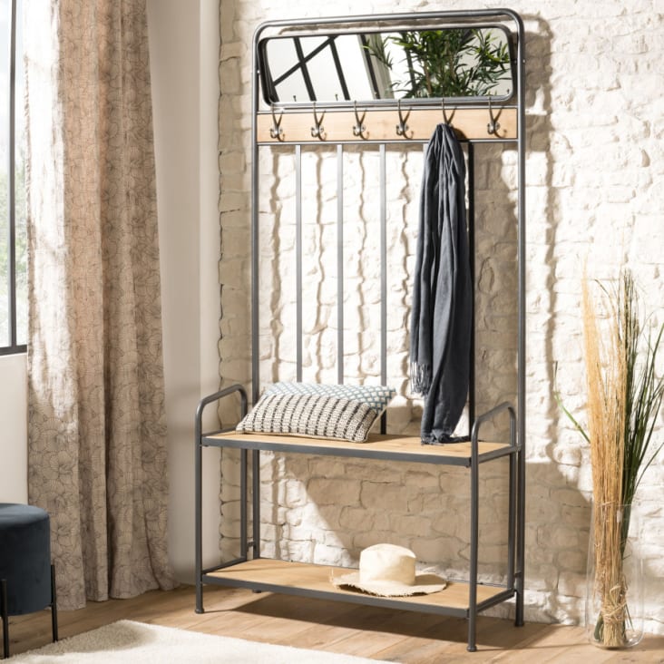 Mueble de entrada de pino y metal con perchero, espejo y 2 estantes Doriane