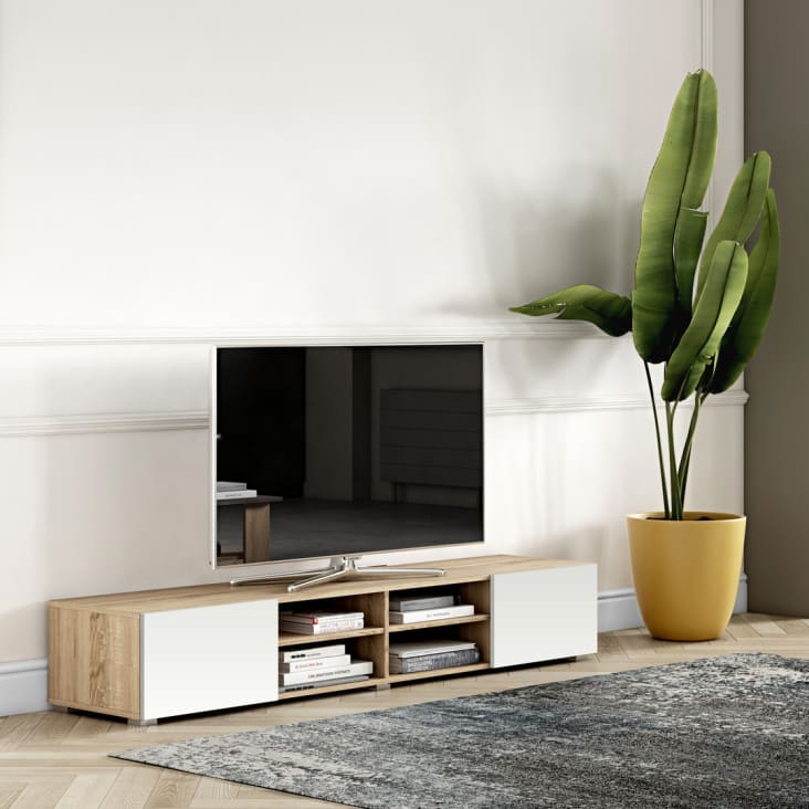 Meuble TV effet bois chêne naturel et blanc-Podium cropped-5