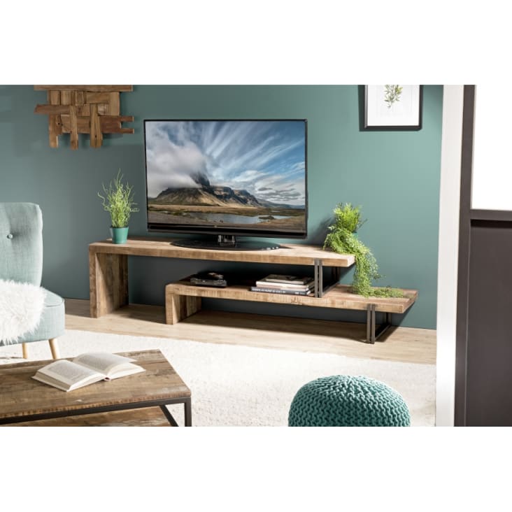 Meuble TV 2 niveaux en teck recyclé acacia mahogany métal noir-Alida cropped-2
