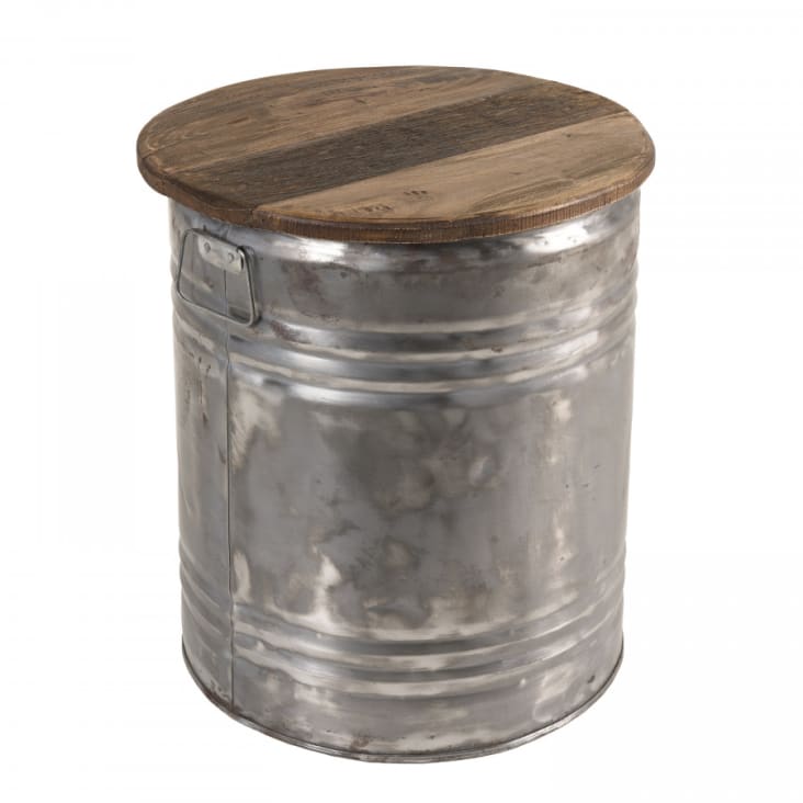 Table d'appoint ronde bidon esprit brocante acier bois recyclé D42-Nolan