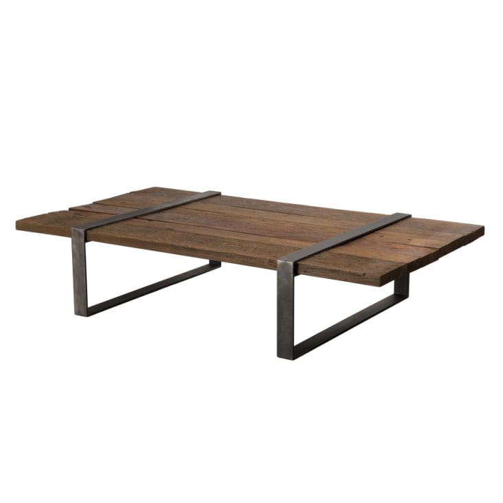 Table basse multi-planches en bois massif cerclée métal L161-Leonce