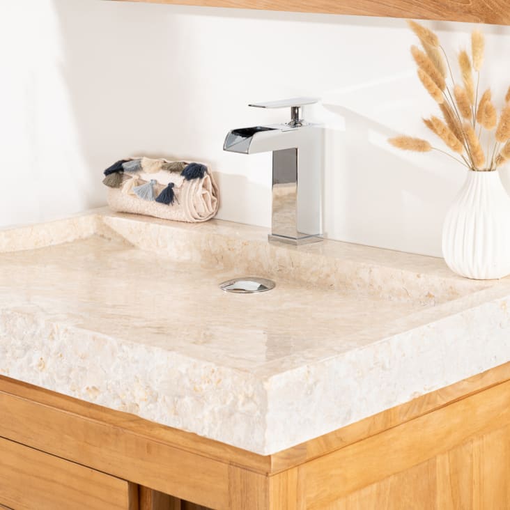 Meuble salle de bain en teck vasque marbre crème L67cm cropped-4