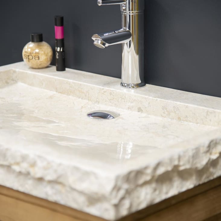 Meuble salle de bain en teck vasque marbre crème L67cm cropped-5