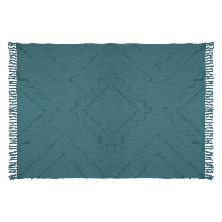 Jeté de lit à franges coton bleu canard 180 x 130-INCA cropped-2