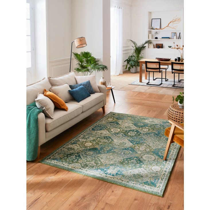 Alfombra de salón, pelo corto, alfombra oriental de diseño, adornos  clásicos, borde, verde