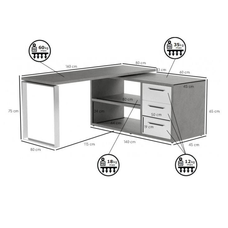 COLLECTION NET bureau d'angle réversible 3 tiroirs et 2 niches décor NET