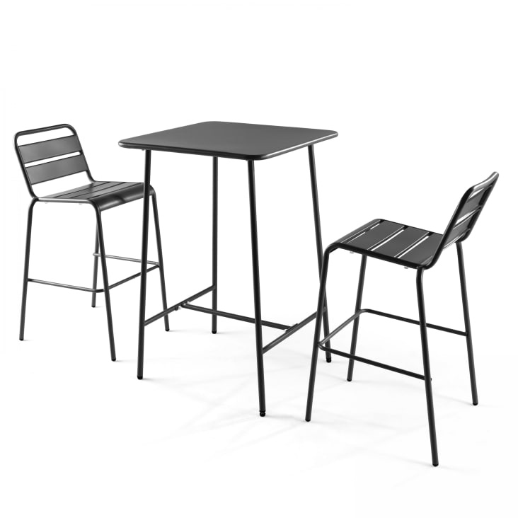 Ensemble table de bar et 2 chaises hautes en métal gris-PALAVAS